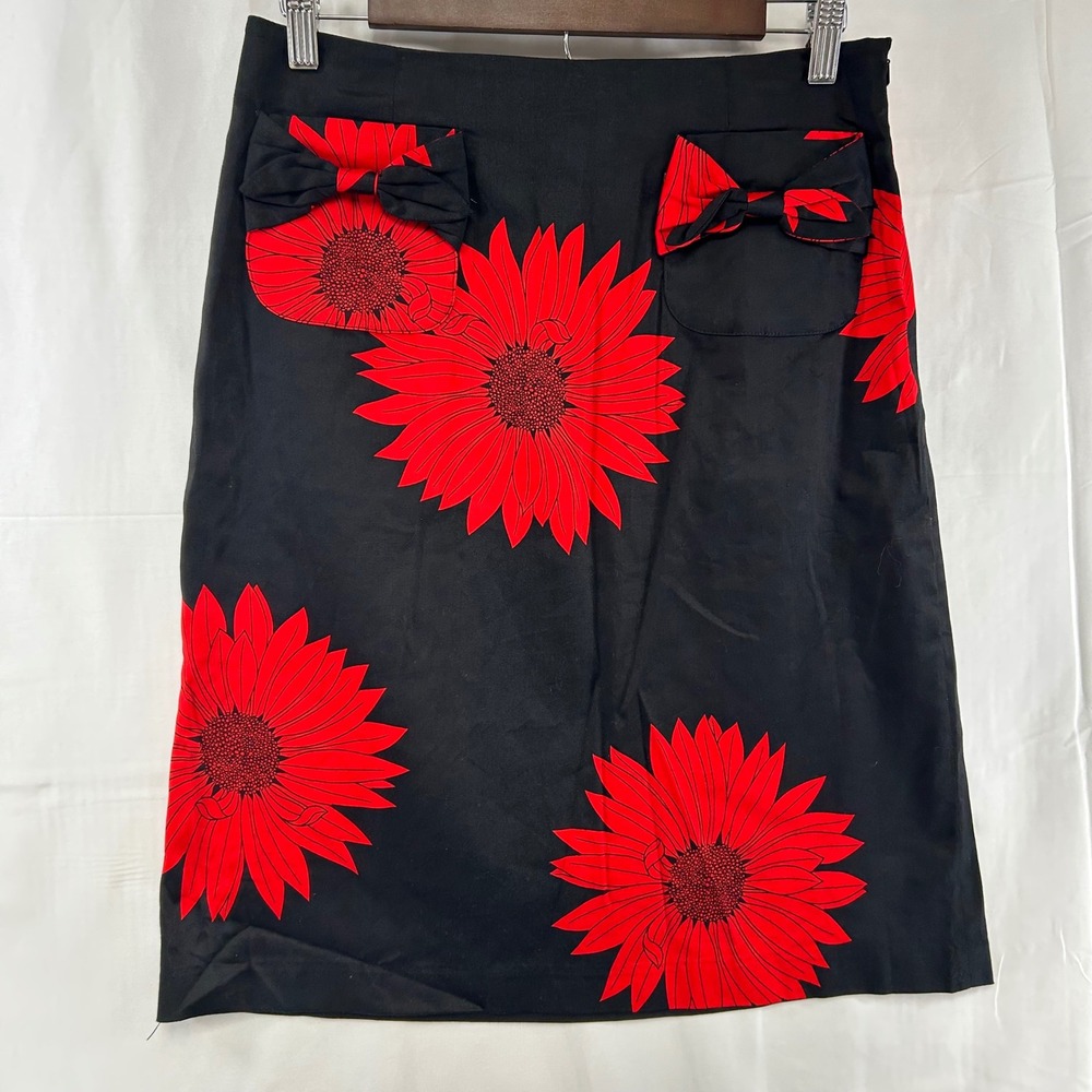 Grace Dane Lewis Workshop Skirt Womens 8 Black‎ Red Sunflower Bow Pencil Skirt